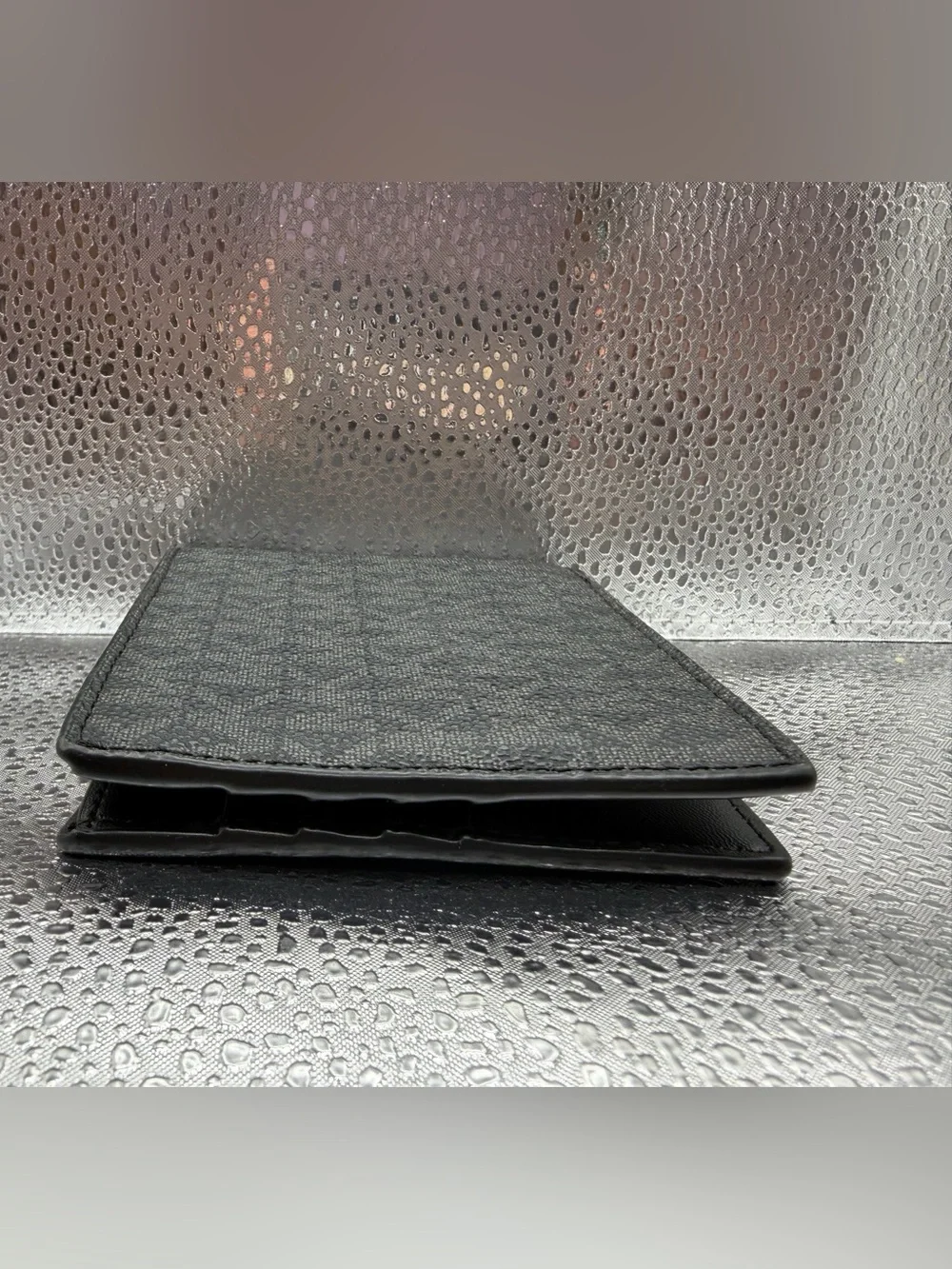 Michael Kors Black Textured Leather Bi-Fold Wallet with Gold Logo